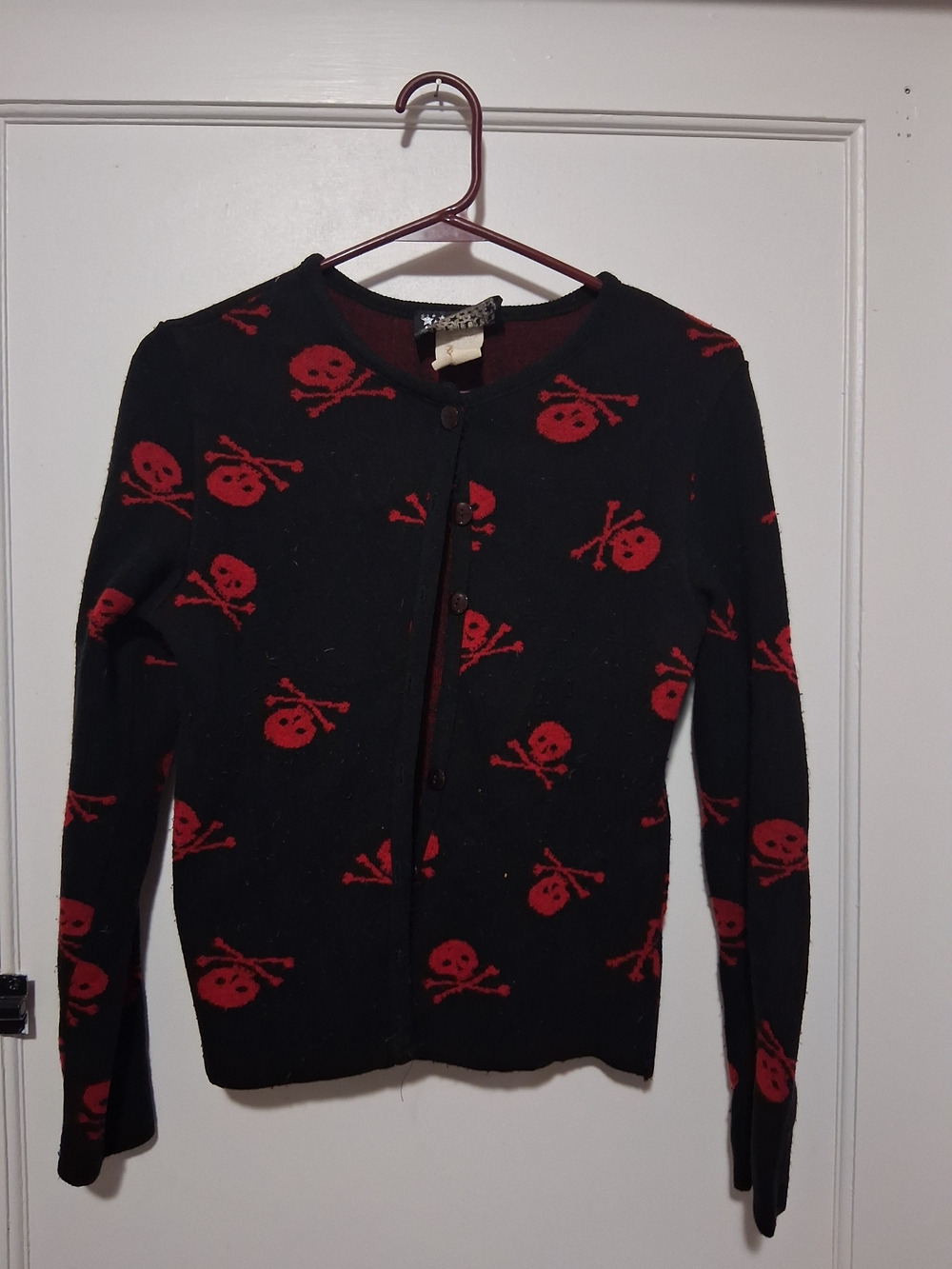 Black Cardigan with Red Skull & Crossbones Pattern